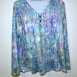 Gemstone Crystal Rainbow Long Sleeve Button Shirt Size Medium V-neck Sparkle
